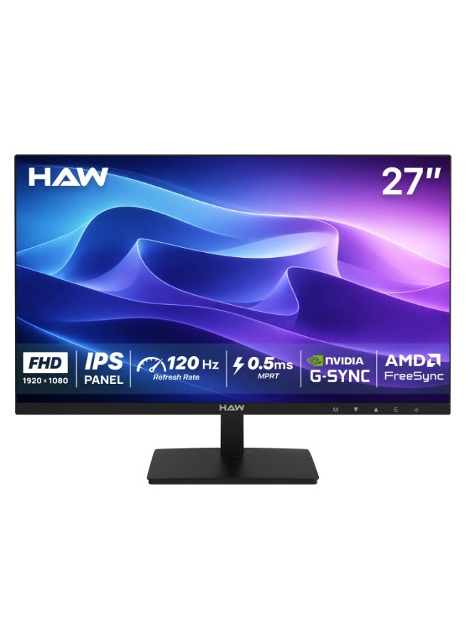 HAW F27IPX 27-Inch Gaming Monitor, FHD 1920×1080 IPS Display, 120Hz Refresh Rate, 0.5ms MPRT, HDMI 2.1 Supported, FreeSync & G-Sync Compatible, Built-in Speakers, Flat Screen, PC & Console Ready – Black